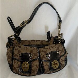 Authentic Classic Coach Brown and Black Hobo Bag with Monogram Pattern